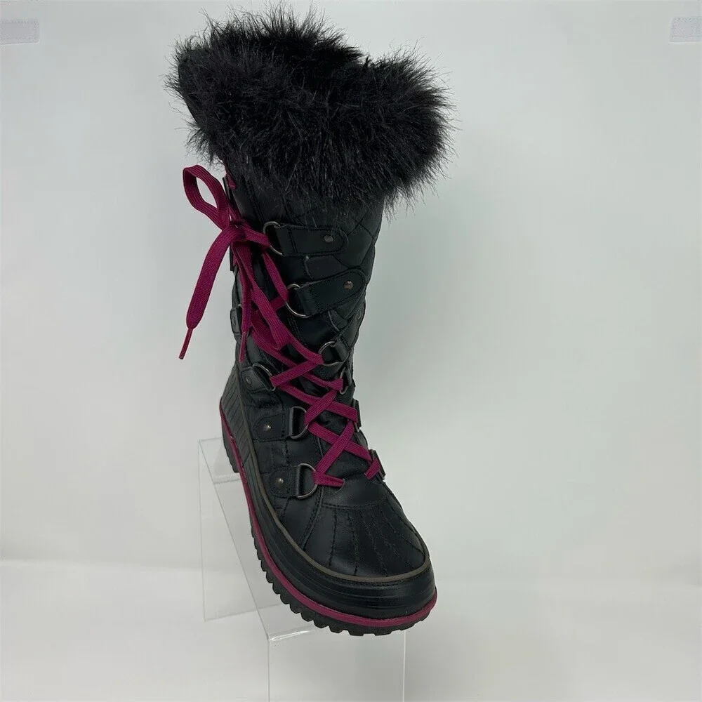 Sorel Tivoli Twist Snow Boots Womens Black Quilted Faux Fur Pink Laces Size 9